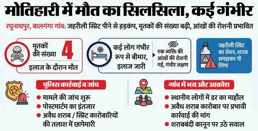 शराबबंदी के बीच मोतिहारी में मातम,बालगंगा गांव में मौत का सिलसिला जारी, प्रशासन में हड़कंप